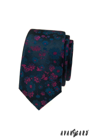 Tmavě modrá slim kravata s květinovým vzorem v růžové